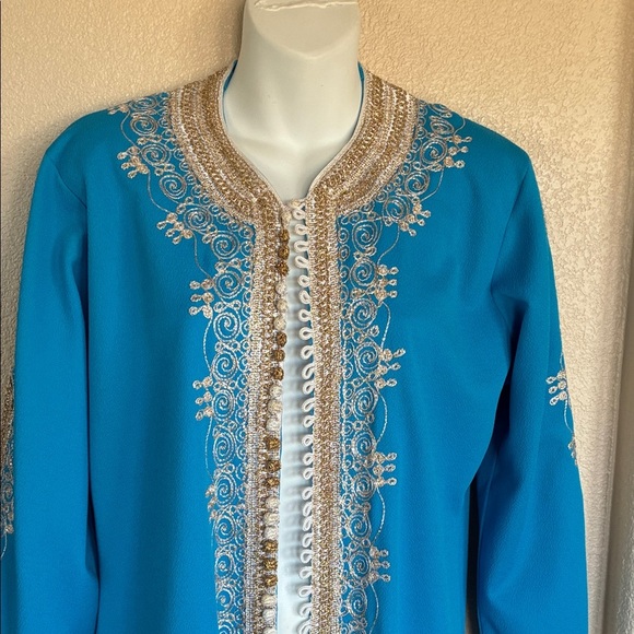 Elegant turquoise Kaftan/robe, elaborate & gold white embroidery Trophy Vintage! - Picture 6 of 17